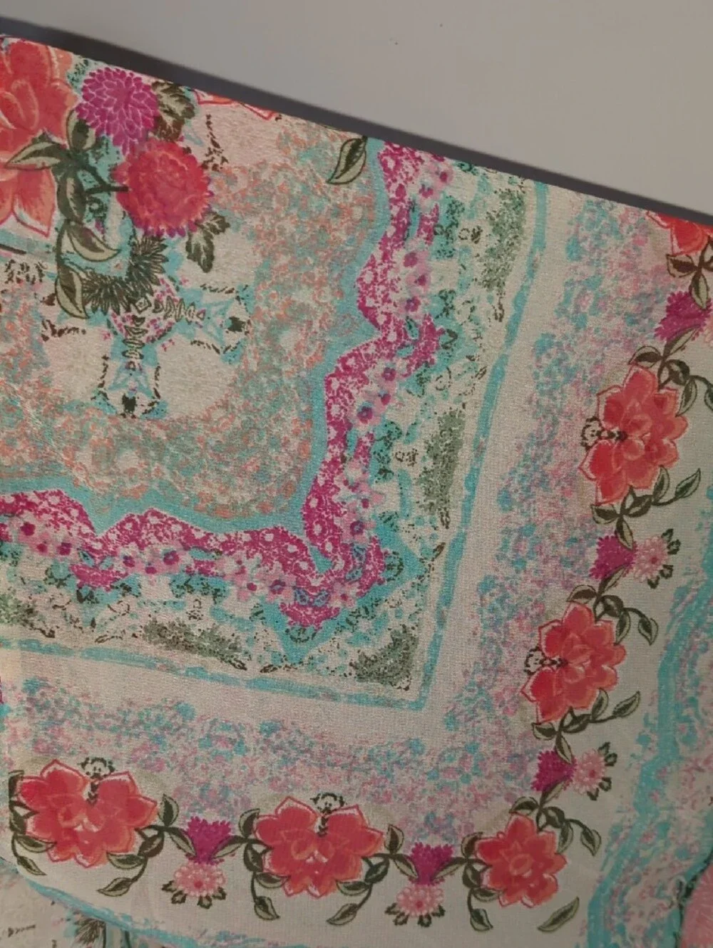 ENTRO Cream Floral Fringe Kimono with Pink & Teal Accents